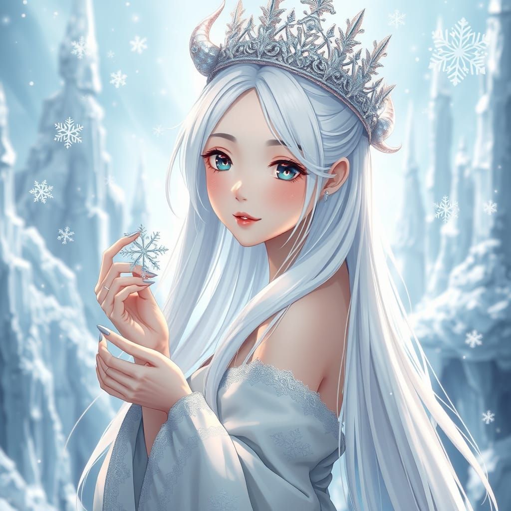 Anime Ice Queen with Frosty Horns and Snowy Hair