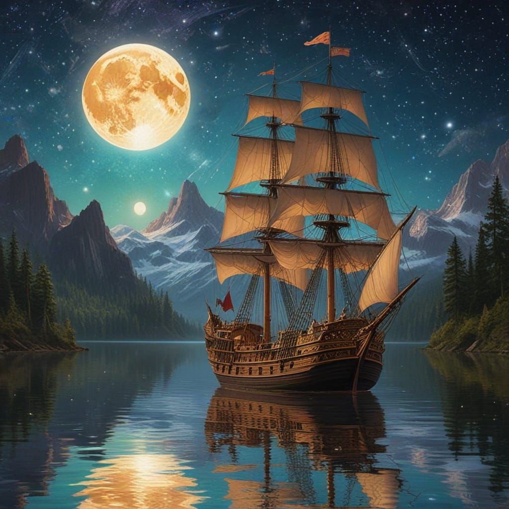 Envision a majestic galleon sailing through a sea of stars, ...