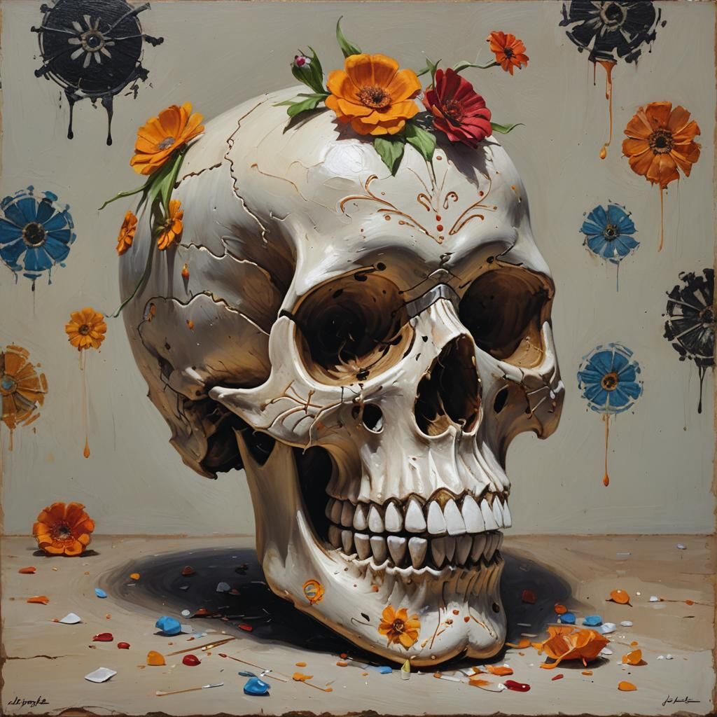 Sugar Skull Still Life in Oil Painting Style