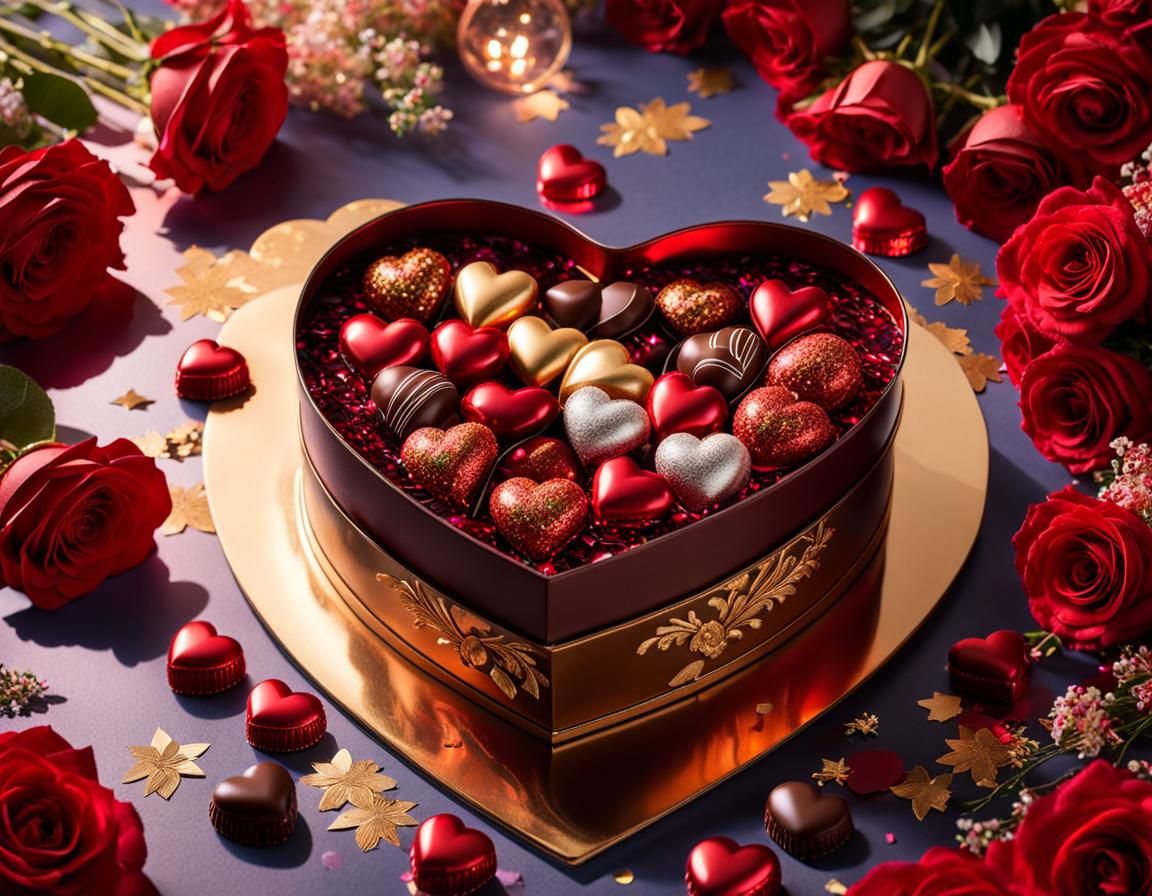 Heart-Shaped Chocolates and Roses with Confetti