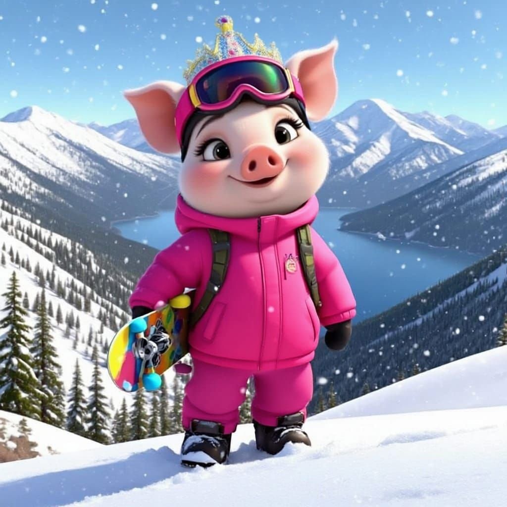 Cleo the Pig in Snow Gear at Heavenly Valley