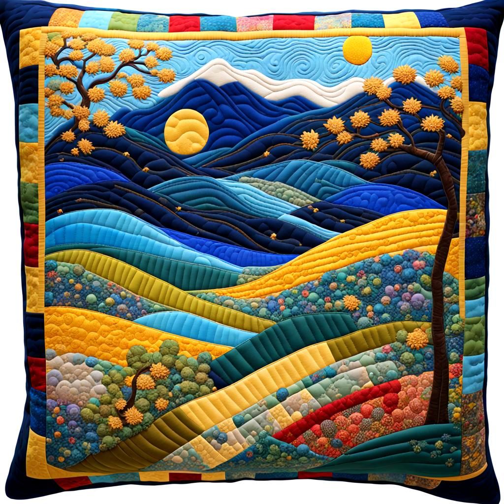 Quilted Pillow Landscape: Patchwork Fields and Starry Sky