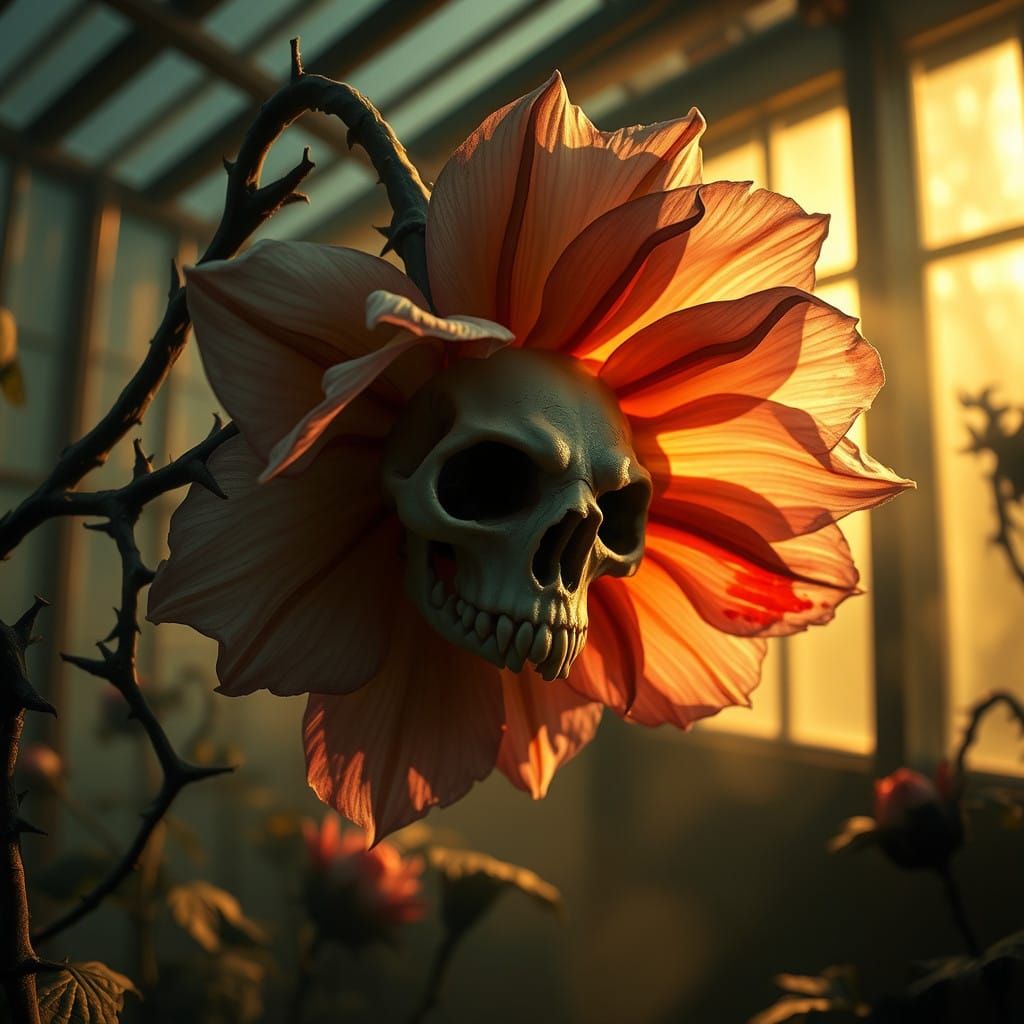 Haunted Translucent Flower in a Surrealist Greenhouse Scene