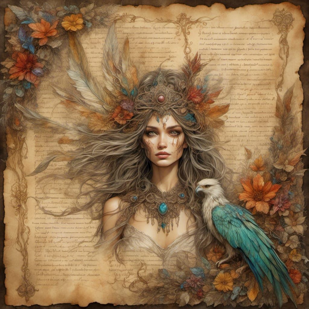 Fairy Priestess Manuscript with Spells, Detailed Parchment A...