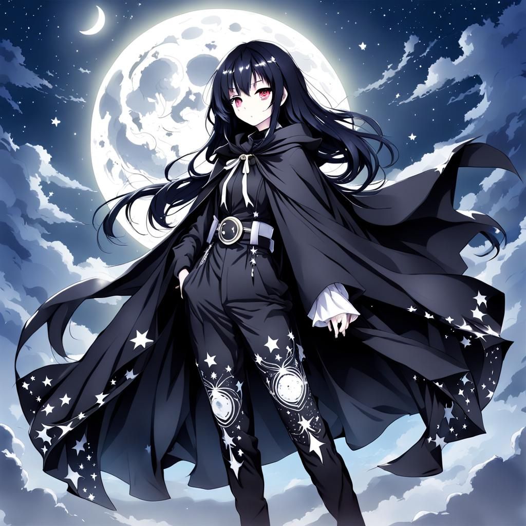 Anime Girl in Moonlight with Starry Pants