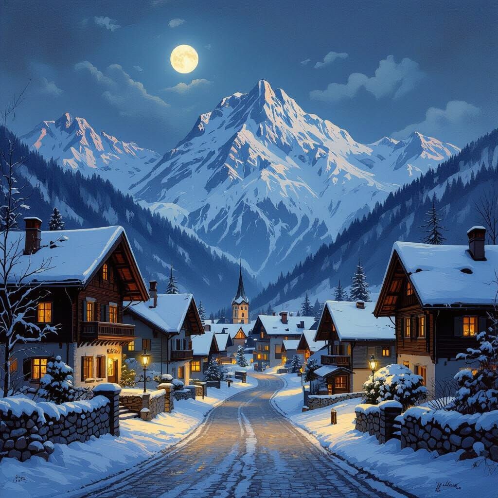 Moonlit Swiss Alps Village Painting
