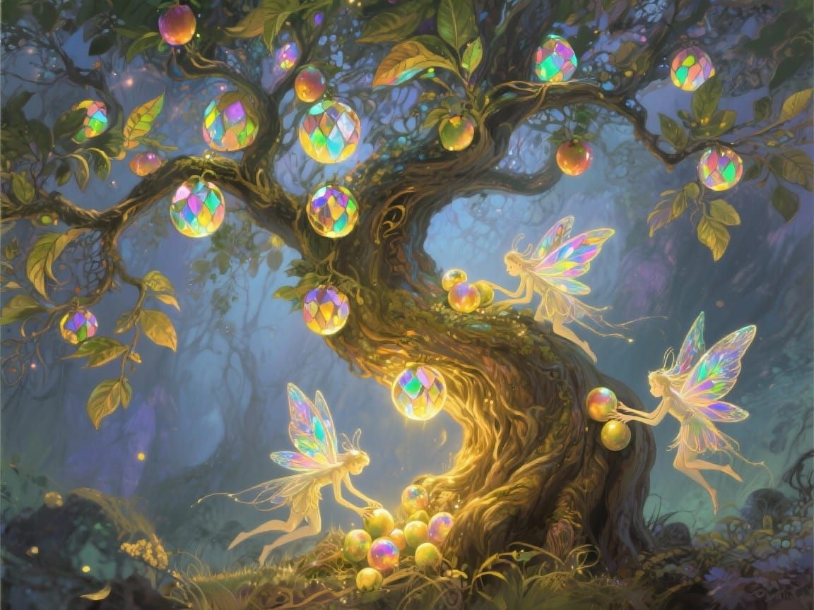 Enchanted Crystal Ball Tree with Ethereal Fairies