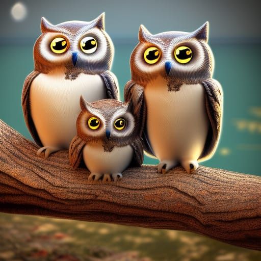 Adorable Owls Around Campfire at Moonlit Lake