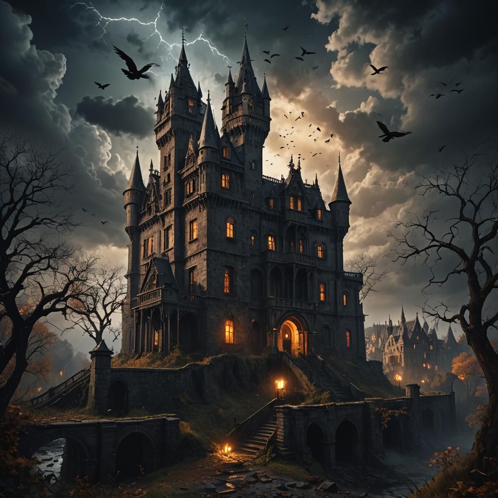 Gothic Castle Under Stormy Sky, Detailed Matte Painting
