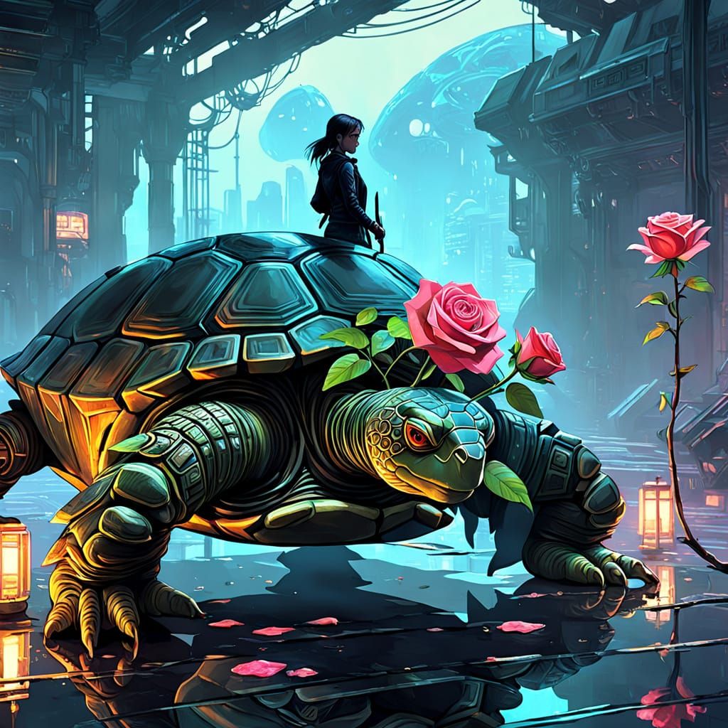 Mechanized Mecha Holds Rose for Turtle in Neon Mist