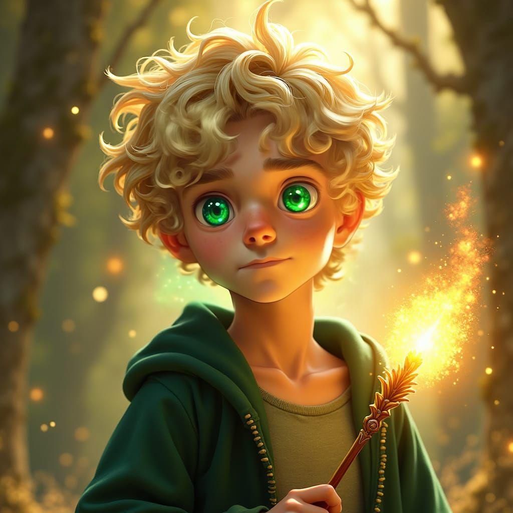 Realistic Portrait of a Blonde Boy Holding a Wand