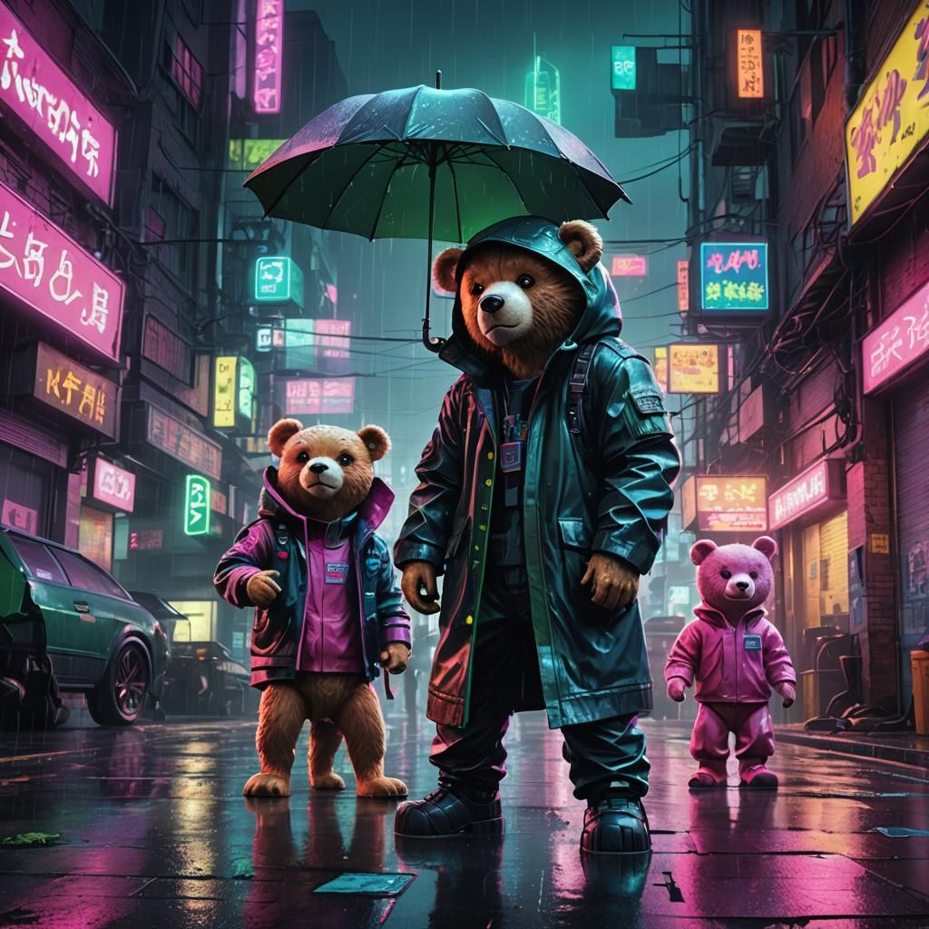 Cyberpunk Teddy Bear Detectives in Rainy Cityscape