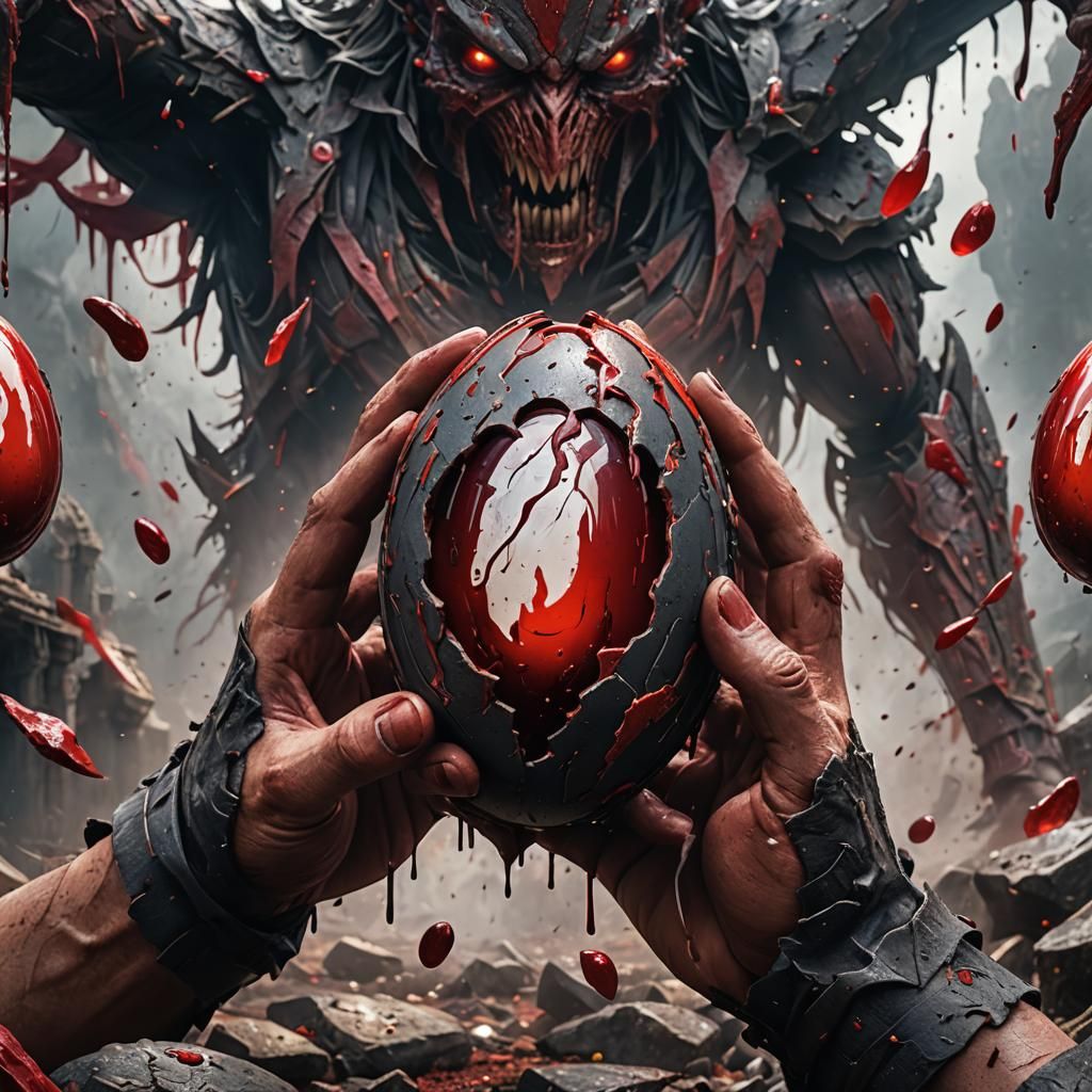 Crying Crimson Egg Held in Damaged Hands