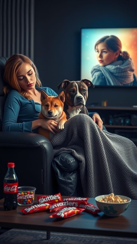 Cozy Evening with Woman, Dogs, and Movie Night