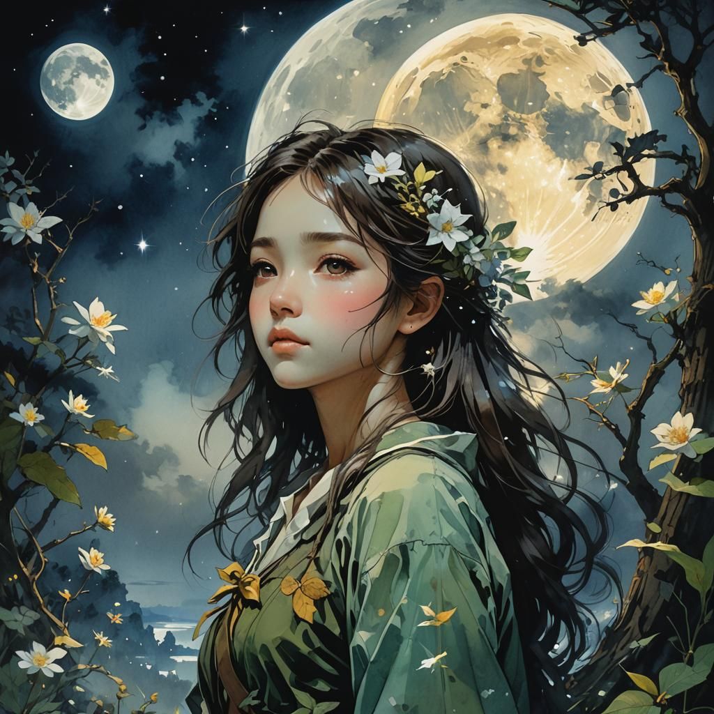Fairy Under Moon in Detailed Watercolor Concept Art