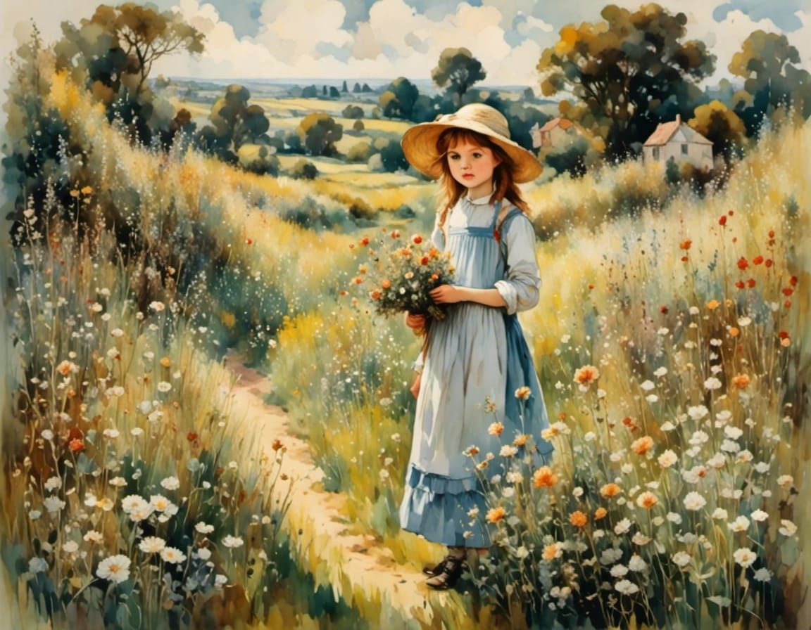 Girl with Wildflowers: Impressionistic Garden Portrait
