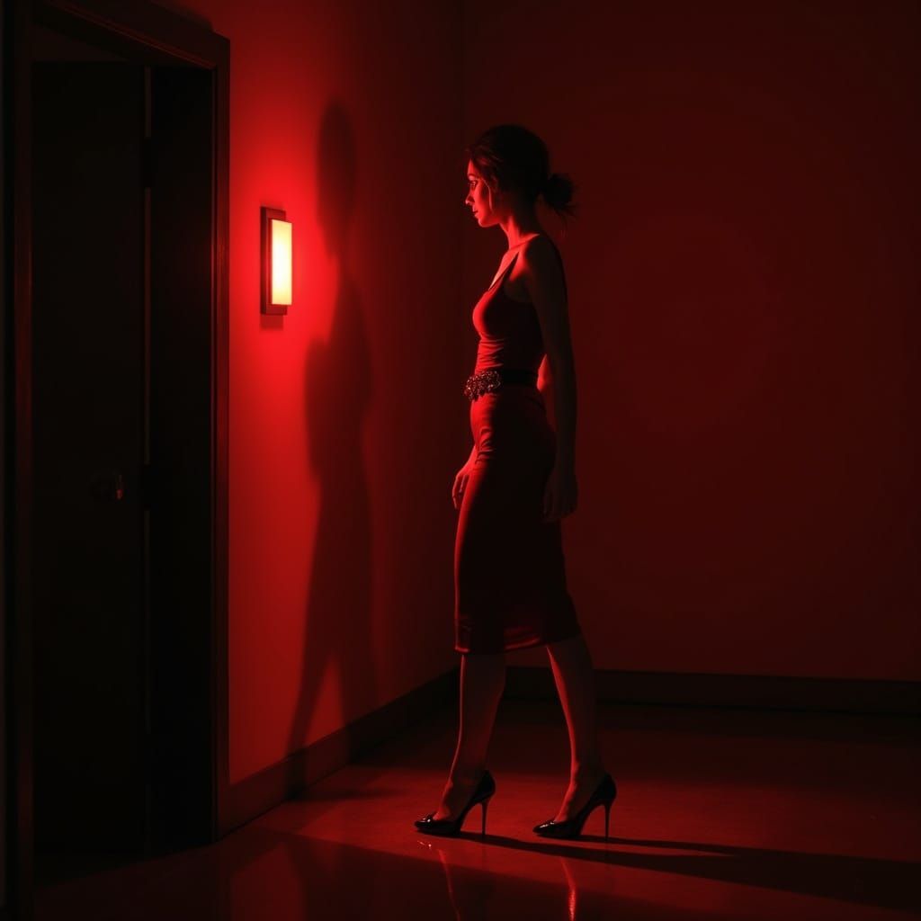 Elegant Woman in Red Heels Approaches a Red Light Switch