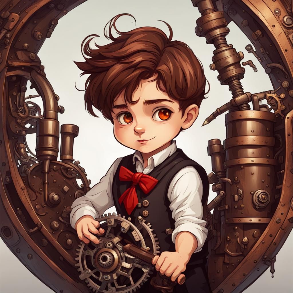 Boy with Bat and Steampunk Engine