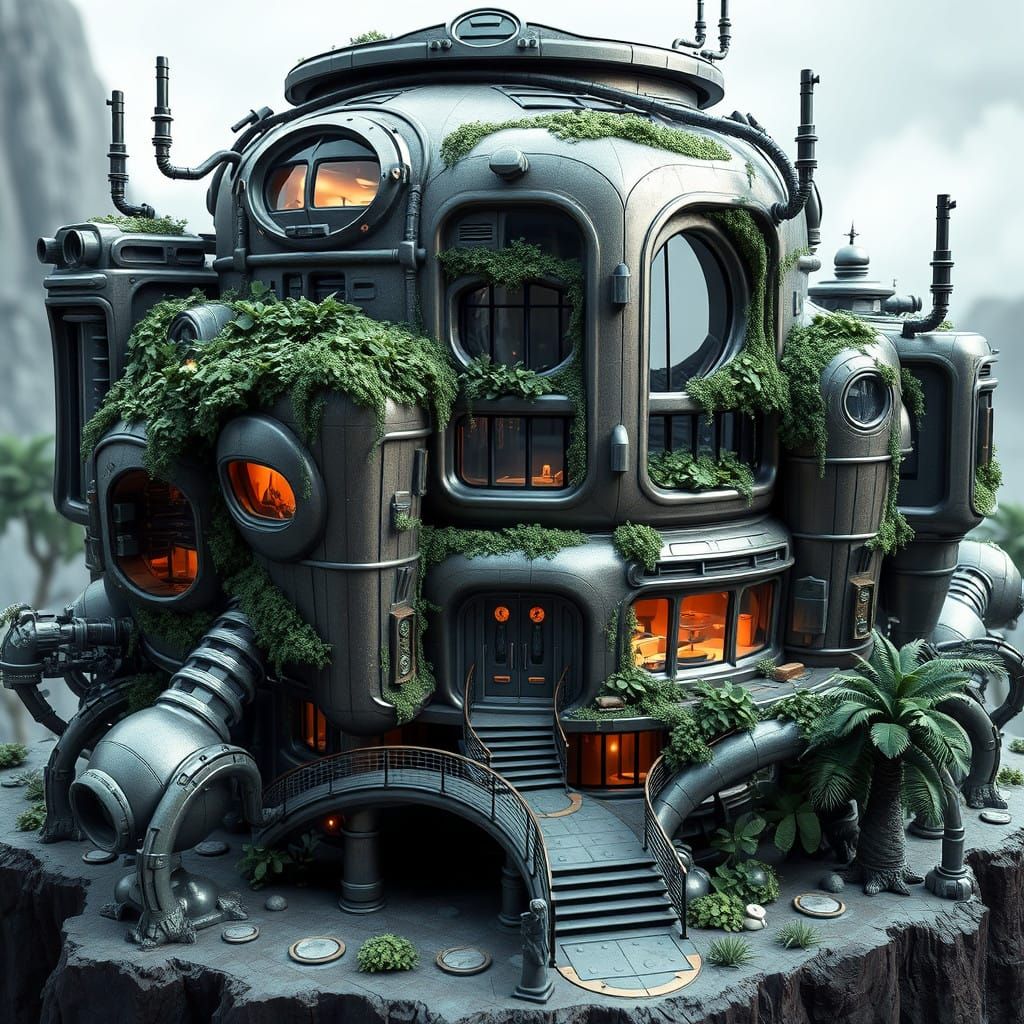 Futuristic Miniature Building with Space-Age Forms and Lush...