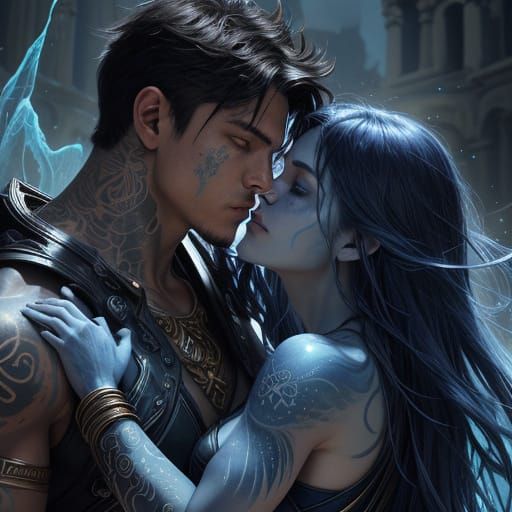 Teen Couple with Glowing Celestial Tattoos in Ancient Ruins ...