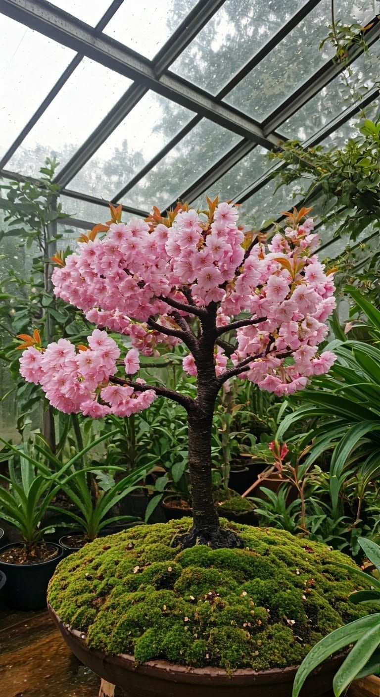 Cherry Blossom Bonsai in Tranquil Greenhouse