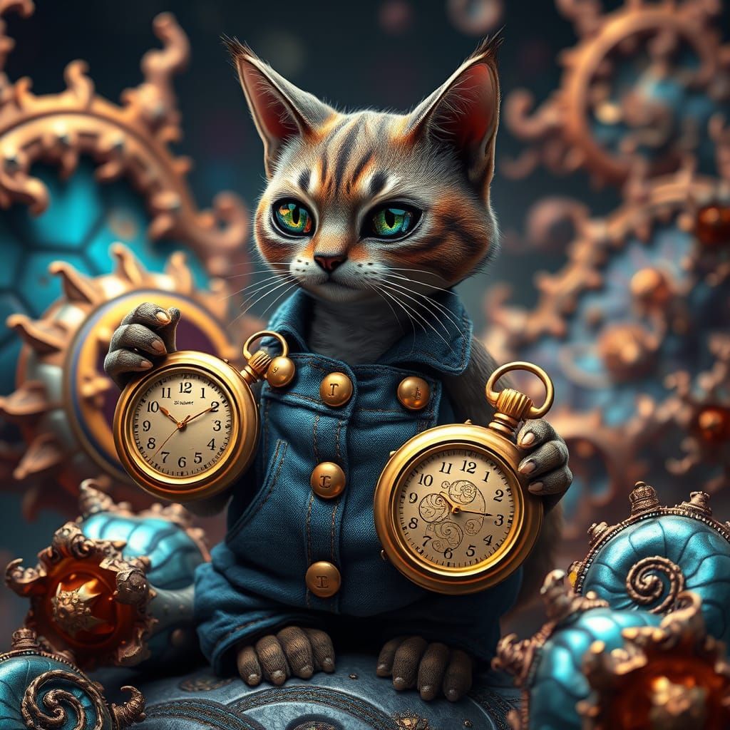 Whimsical Timekeeper Cat-Snail Hybrid in Iridescent Geometry