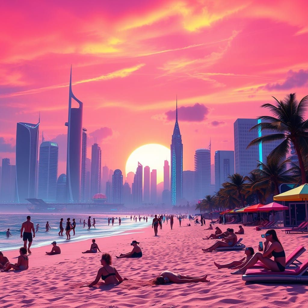 Cyberpunk Futuristic Beach Scene with Vibrant Neon Colors