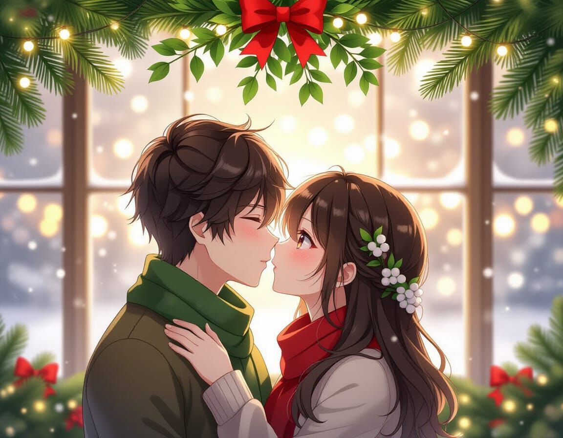 Anime Couple Kissing Under Glowing Mistletoe