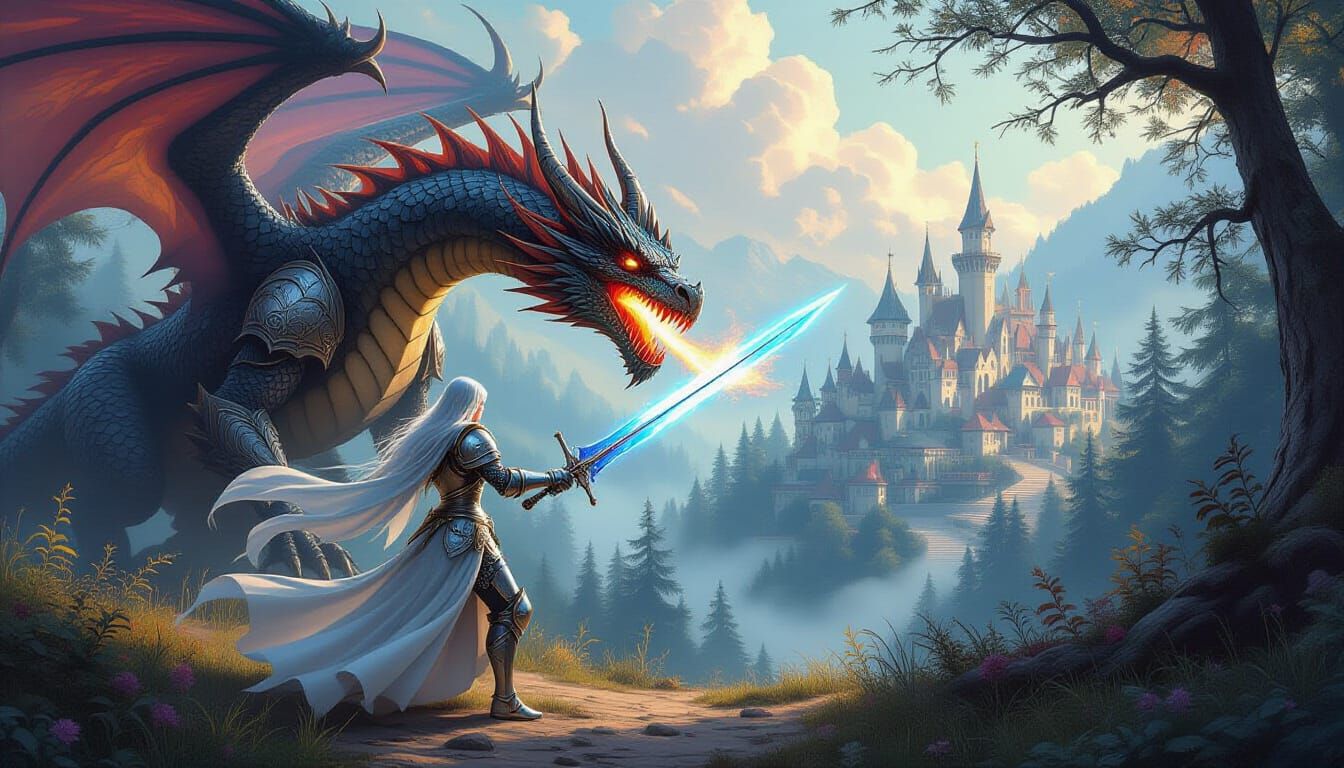Female Knight Battles Dragon Over Idyllic Town in Fantasy Ar...