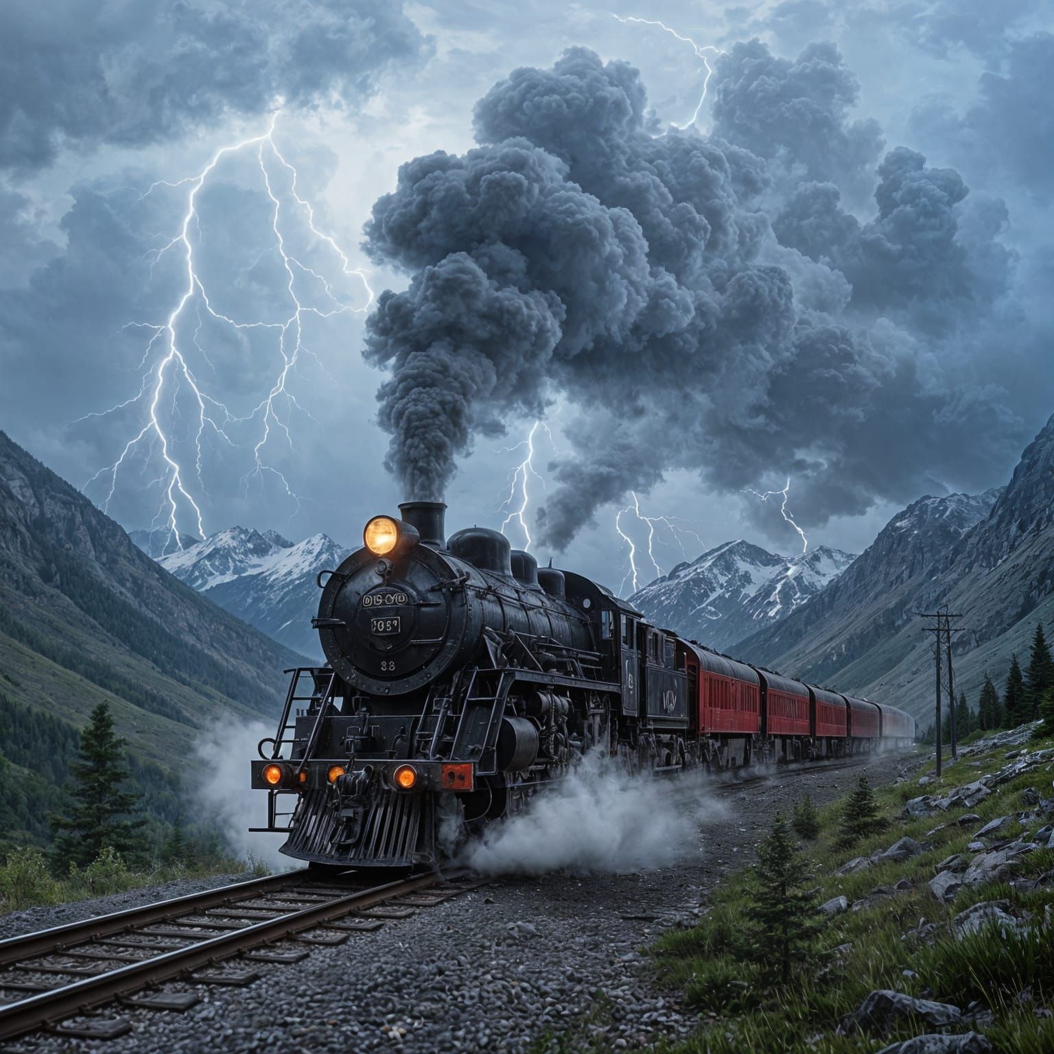 Black Train Amidst Thunder Clouds in Mountain Pass