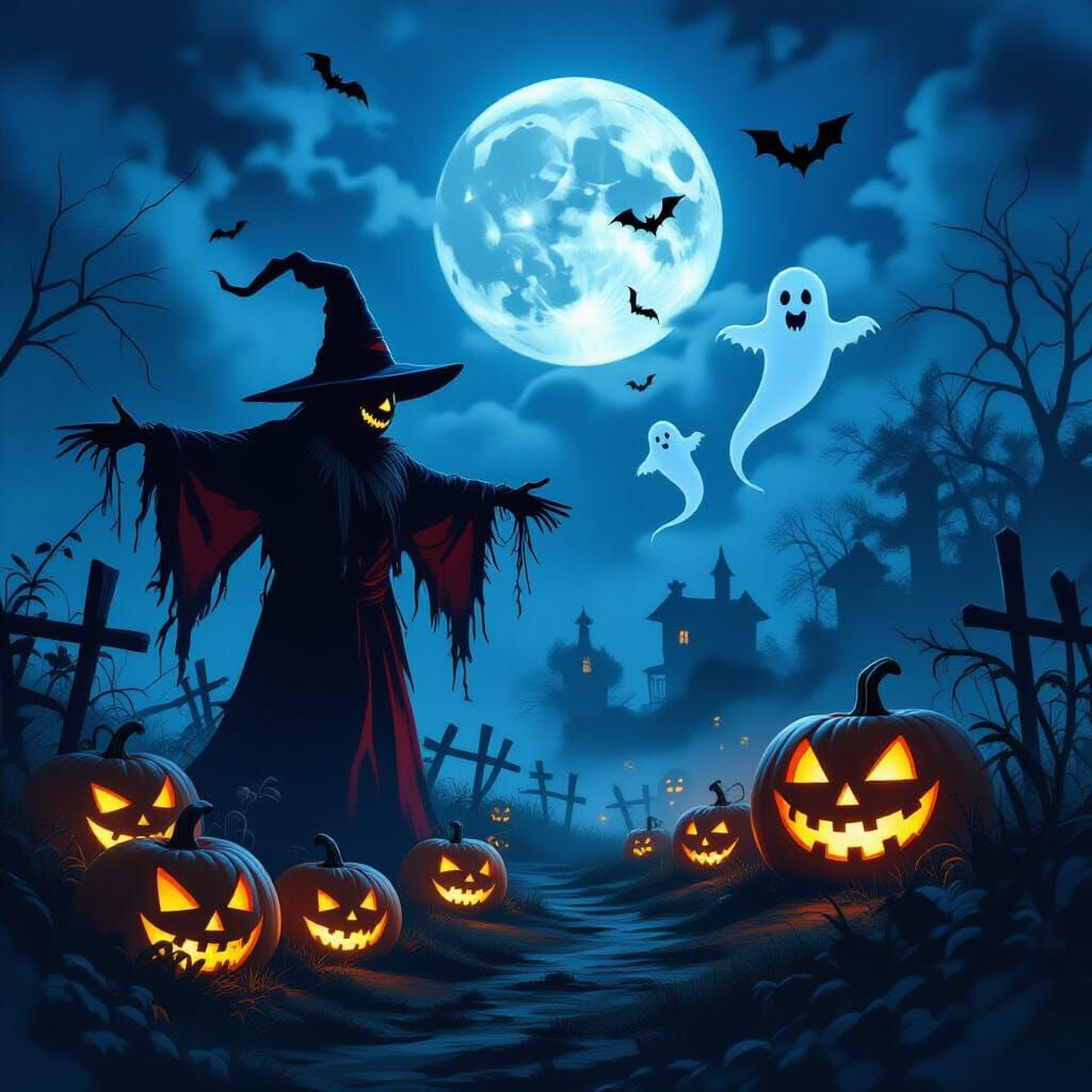 Spooky Pumpkin Patch with Scarlet Scarecrow Under Full Moon