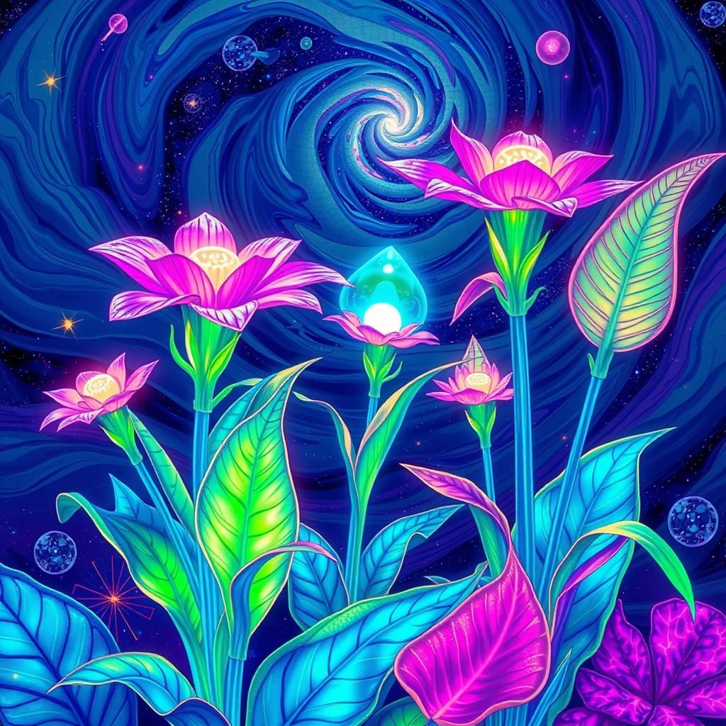 Electric Dreamscape with Iridescent Alien Plants