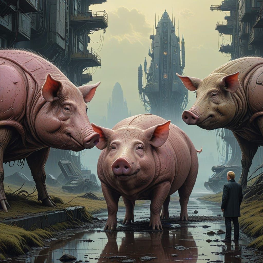 Three Tech Titans as Pigs in Dystopian Grandeur