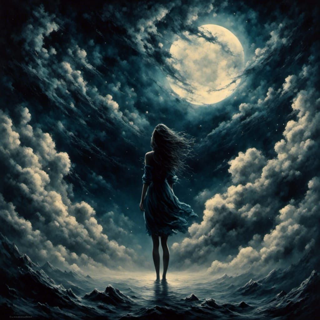 Contemplative Figure Gazing at Moon in Romantic Style