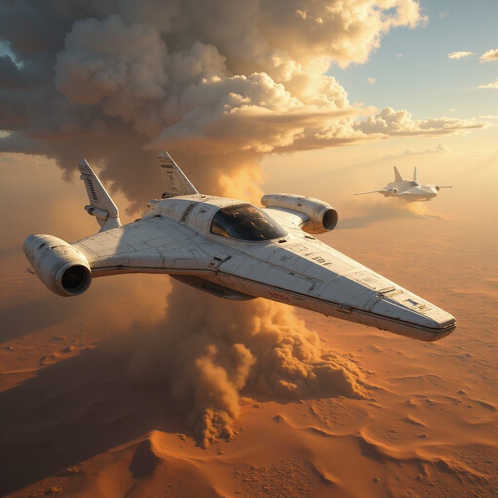 Starship Re-entry Over Desert in Matte Painting Style