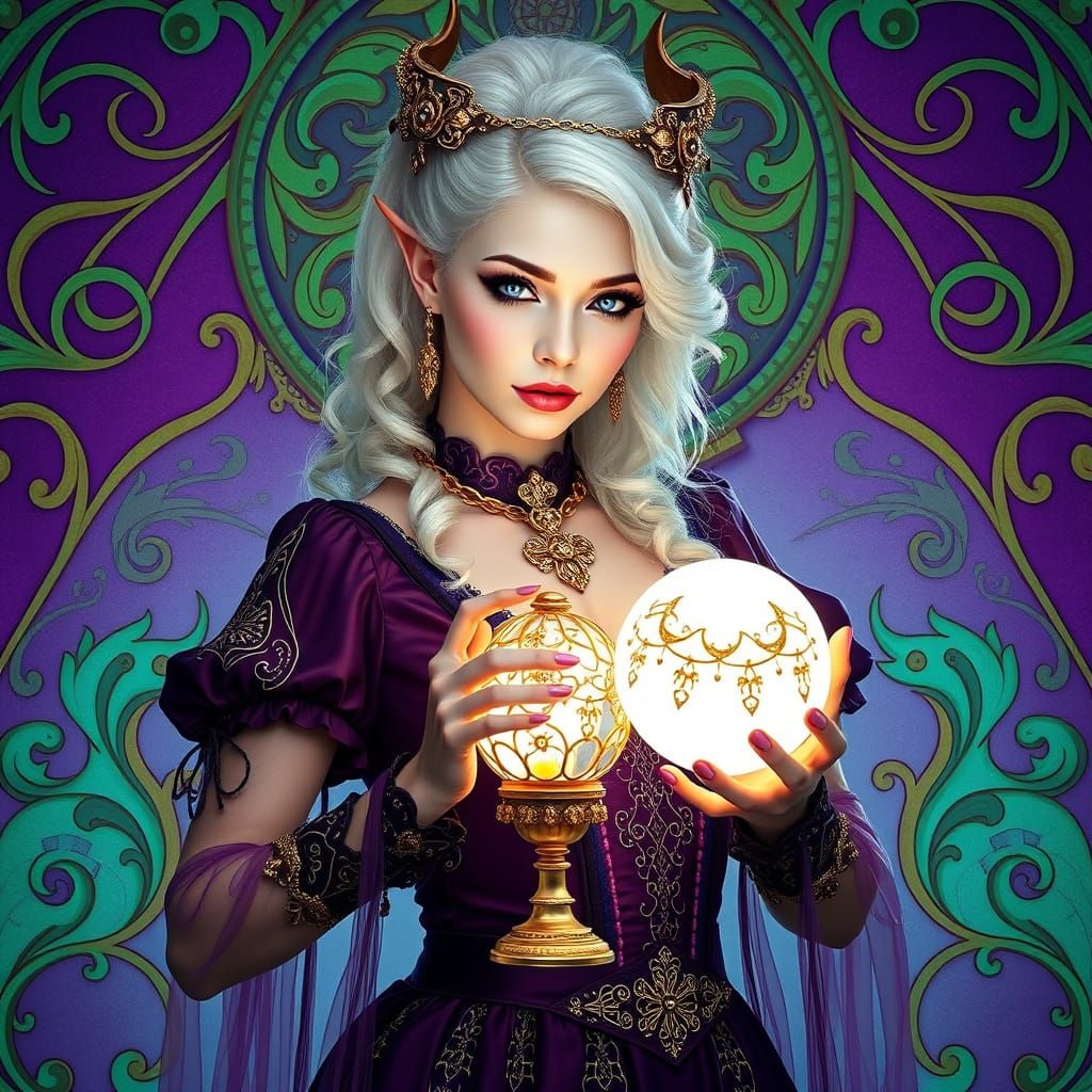 Elegant Changeling Illusionist on Art Nouveau Stage