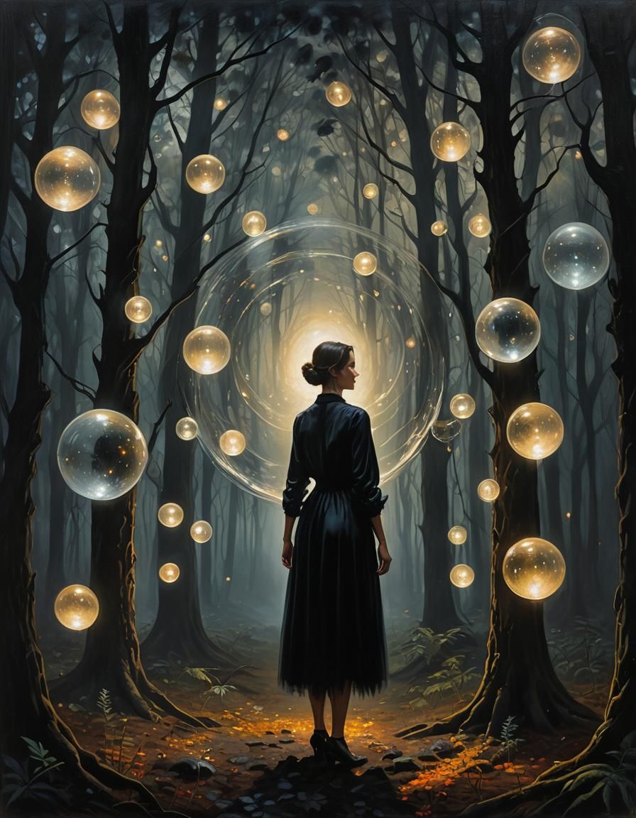 Woman in Forest of Light Orbs, Oil Impasto