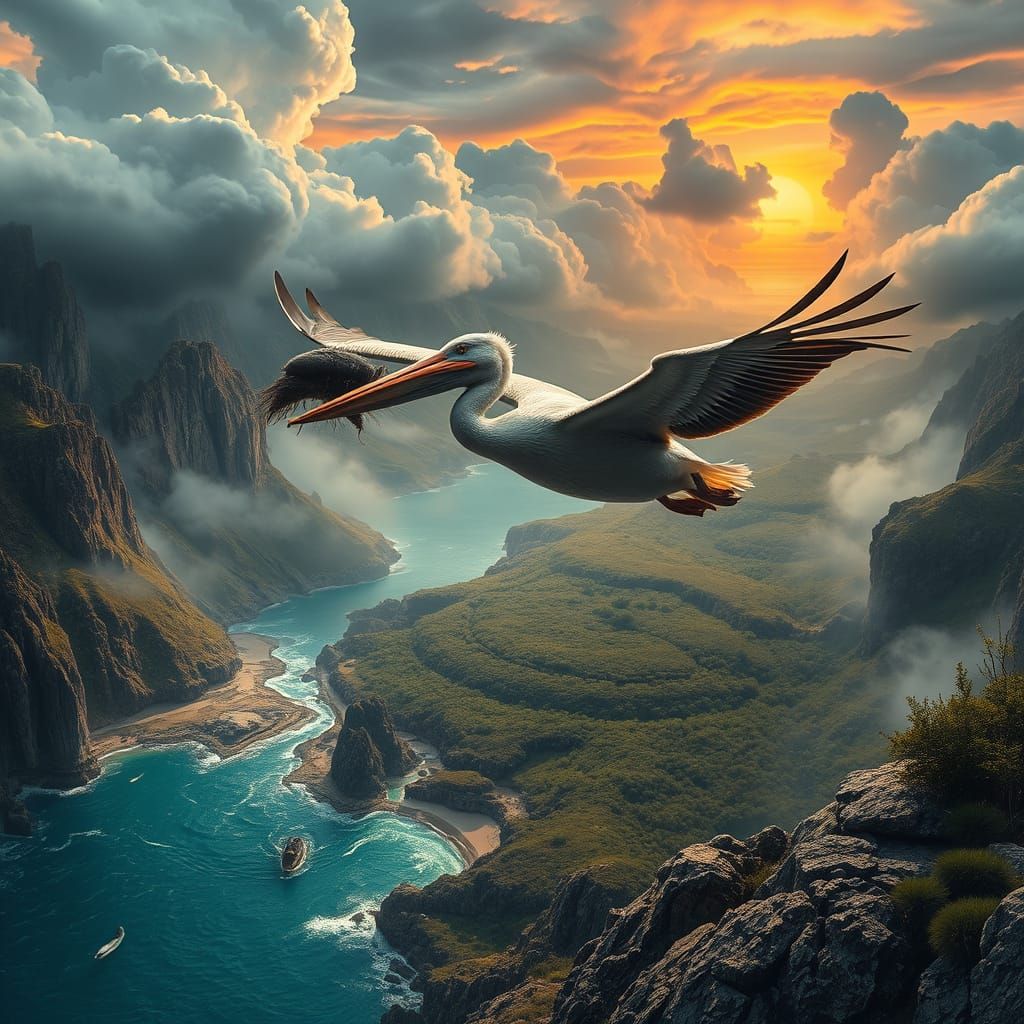Pelican Dives into Futuristic Coastal Landscape