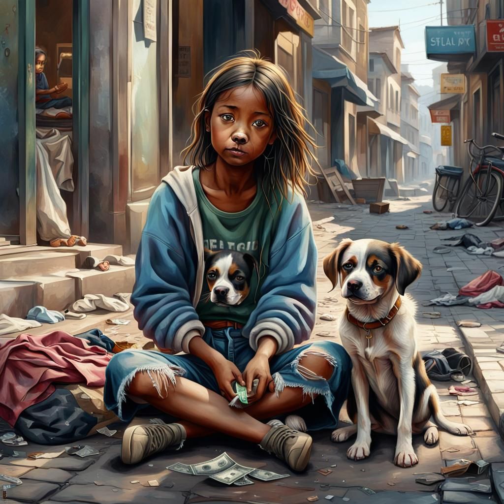 Begging Street Child with Dog in Realism Painting