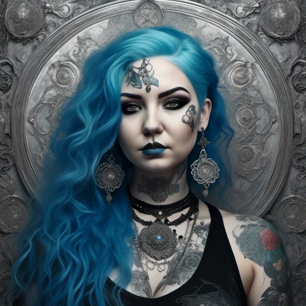 Goth Woman Portrait with Blue Hair in Pastel Colors