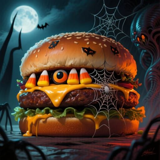 Colossal Halloween Cheeseburger With Spooky Decorations