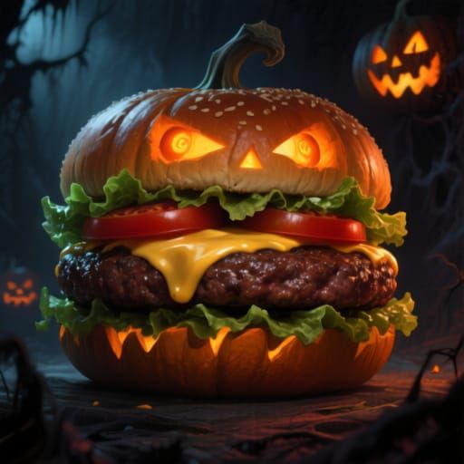 Giant Halloween Cheeseburger on Pumpkin Bun