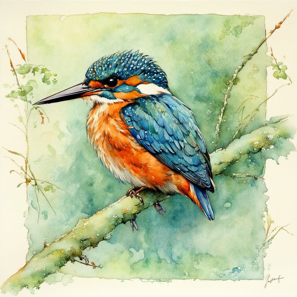 Surreal Watercolor Kingfisher Perched Amidst Nature