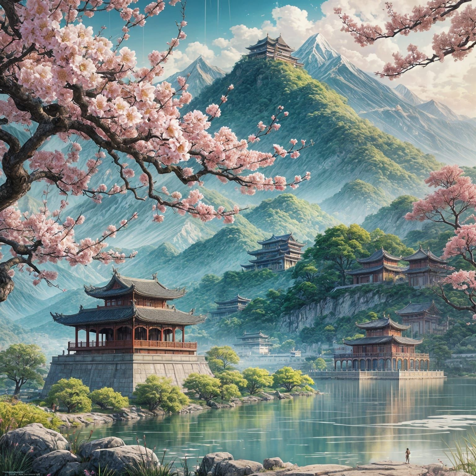 Ancient Plum Blossoms Tree with Chinese Palace, Anime Style