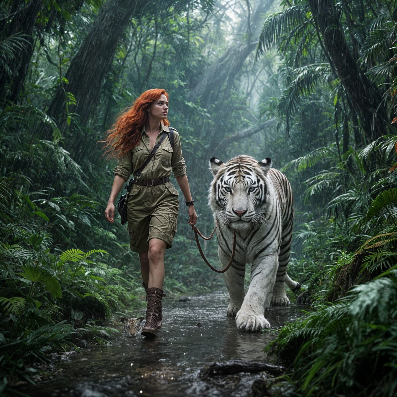 Woman Walks Bengal Tiger in Rainy Forest
