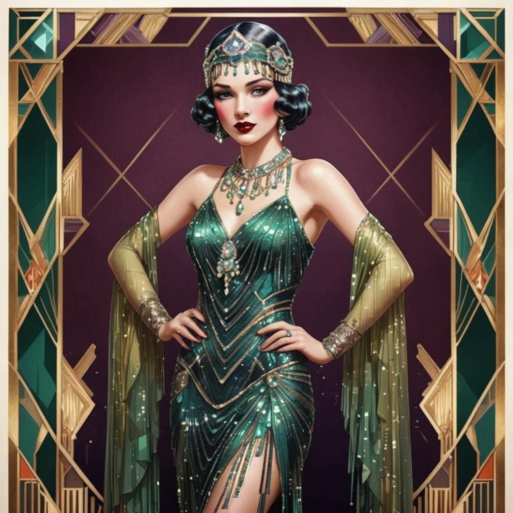 Glamorous Art Deco Burlesque Woman in Flapper Gown