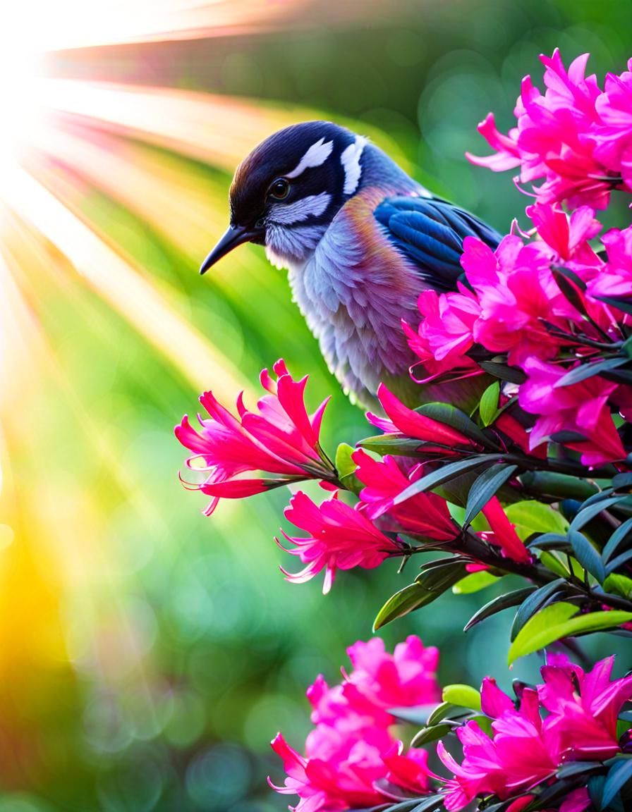 Colorful Bird and Azaleas in Divine Sunlight