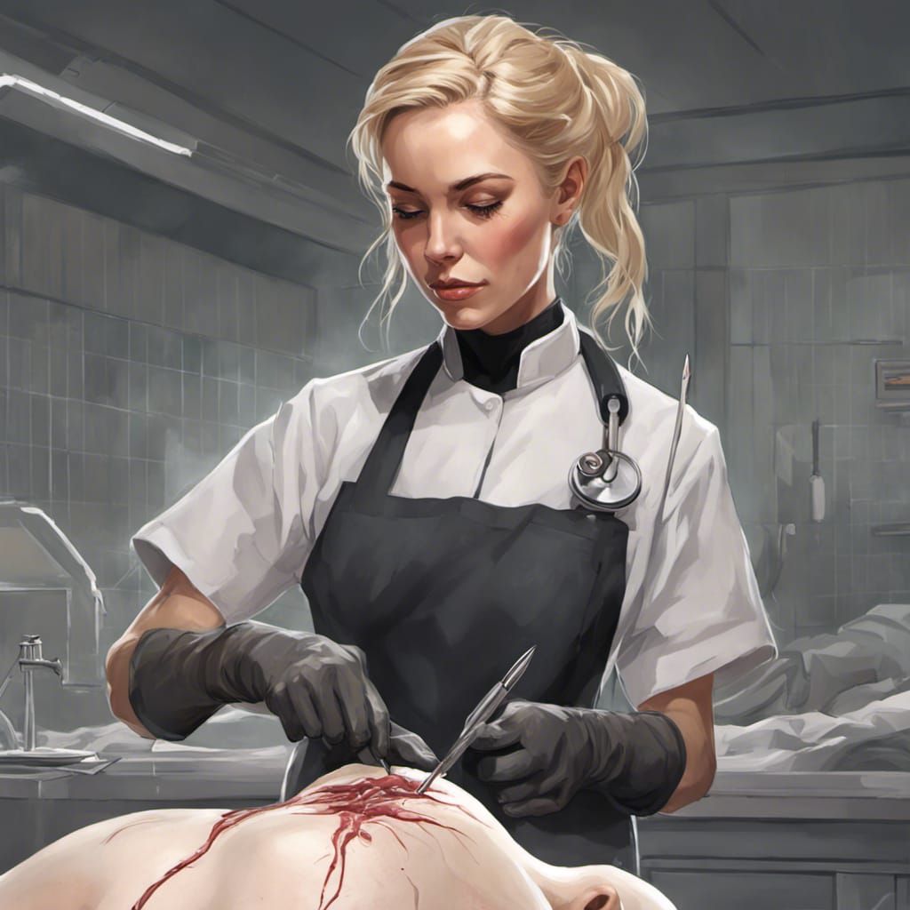 Blonde Doctor Performs Autopsy in Hyperdetailed Portrait