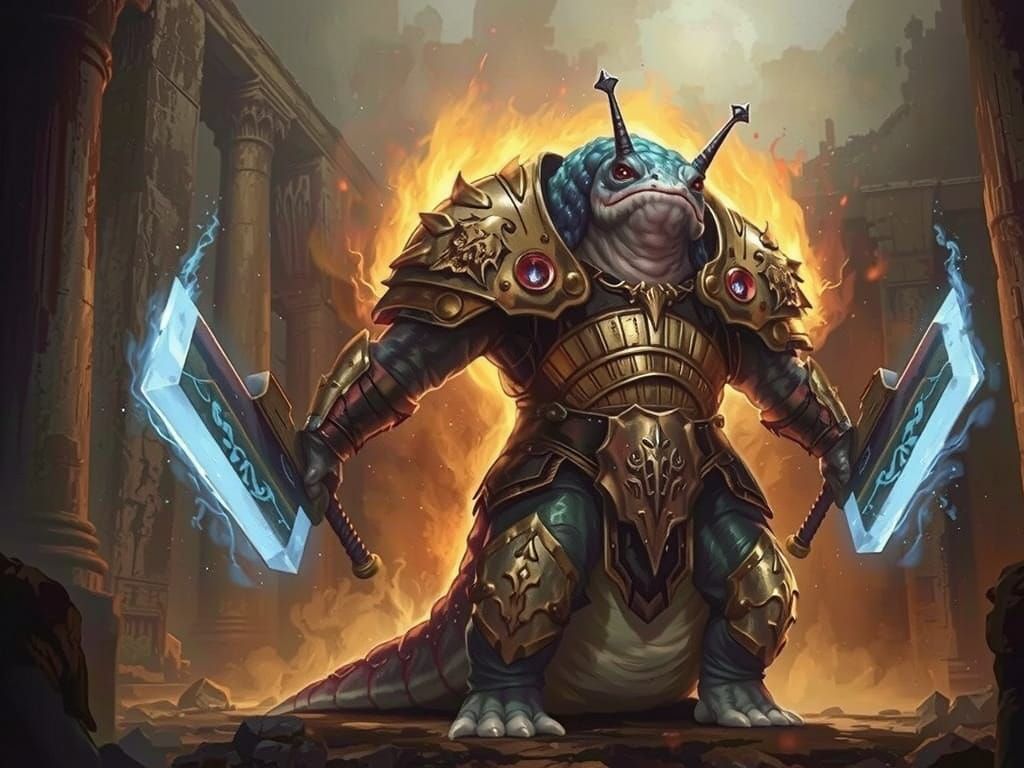 Armored Giant Slug Wielding Weapons in Ancient Ruins