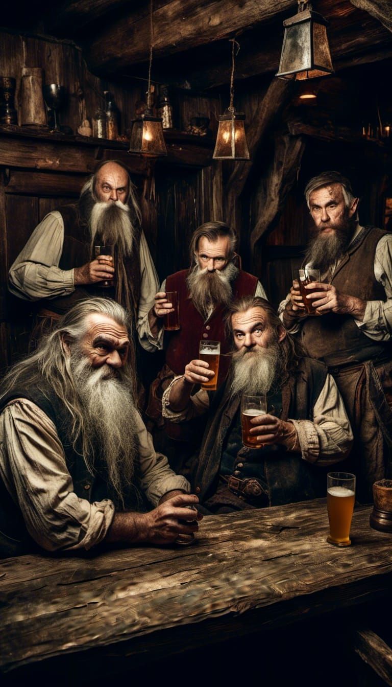Macabre Dwarves Drinking Beer in Old Tavern
